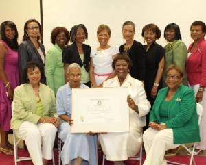 Taken in June, 2013 at our 35th anniversary celebration at the Mayme Clayton Museum.  The charter members are holding the chapter charter.  Standing:  Yolanda Hamilton, Marva Bell, Martha Caldwell, Mary Christian, Jackie White, Pat Dobbs - Jackson, Valerie Ray, Ruby Cannon, Barbara Monk Seated:  Gloria Stewart, Barbara Williams, Katie Webb, Lora Stewart